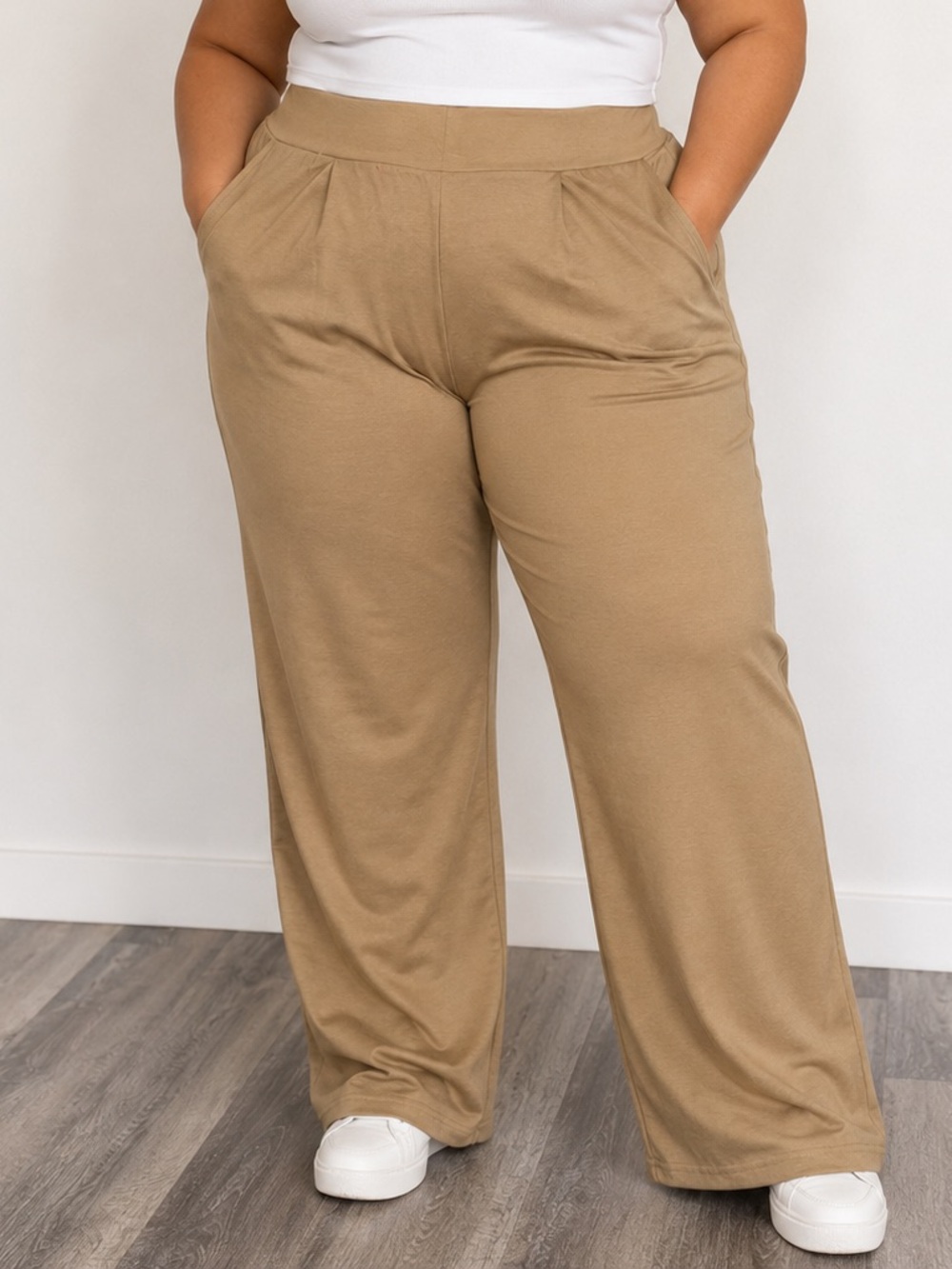 Wide Leg Pull-On Pants in Tan - Women's Plus